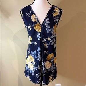 Sleeveless Blouse Top, Pleat Below V-Neckline, Blue Yellow Floral, Women's Sz L